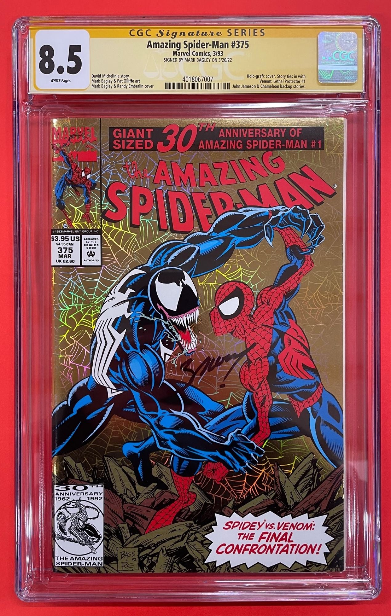 Amazing Spider-Man #375 (Mar 1993), 8.5 VF+ CGC Signed by Mark Bagley