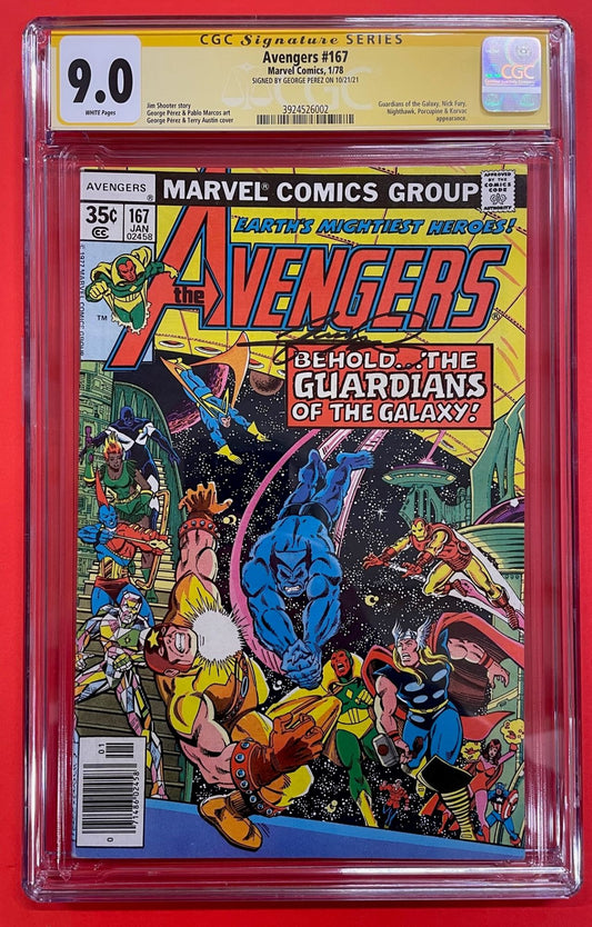 Avengers #167 (Jan 1978), 9.0 VF/NM CGC Signed by George Perez