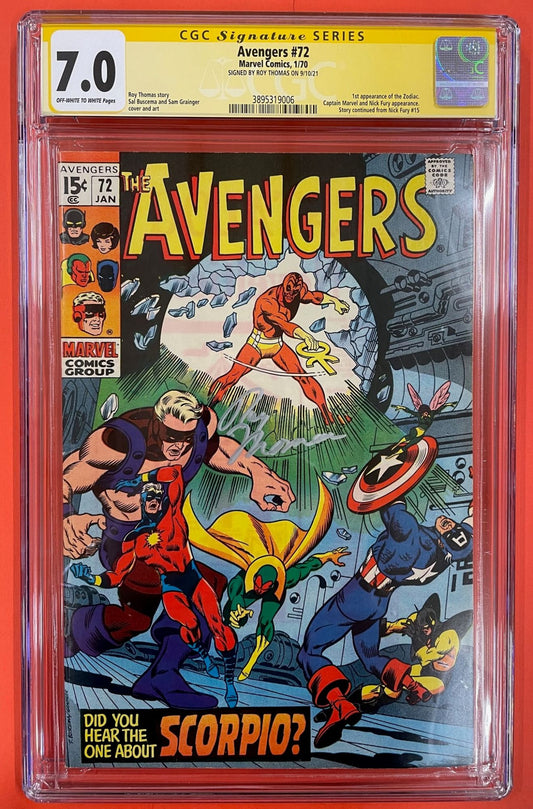 Avengers #72 (Jan 1970), 7.0 FN/VF CGC Signed Roy Thomas