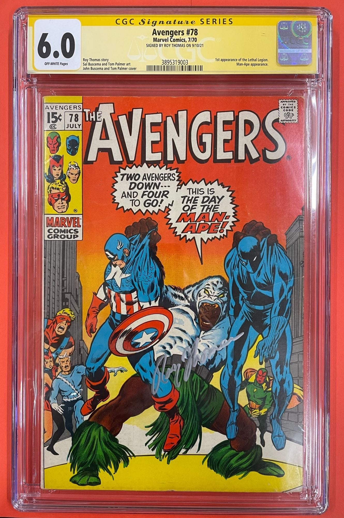 Avengers #78 (Jul 1970), 6.0 FN CGC Signed by Roy Thomas