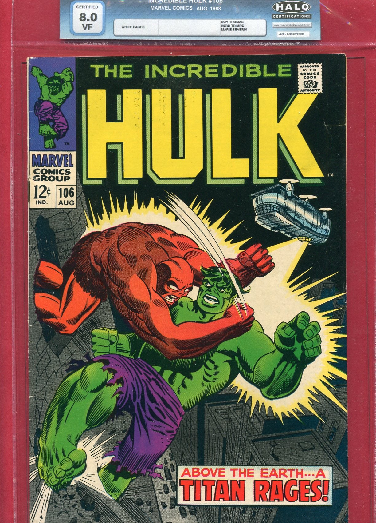 Incredible Hulk #106 (Aug 1968), 8.0 VF Halo Soft Slab