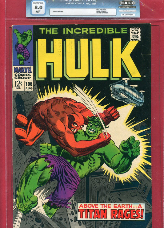 Incredible Hulk #106 (Aug 1968), 8.0 VF Halo Soft Slab