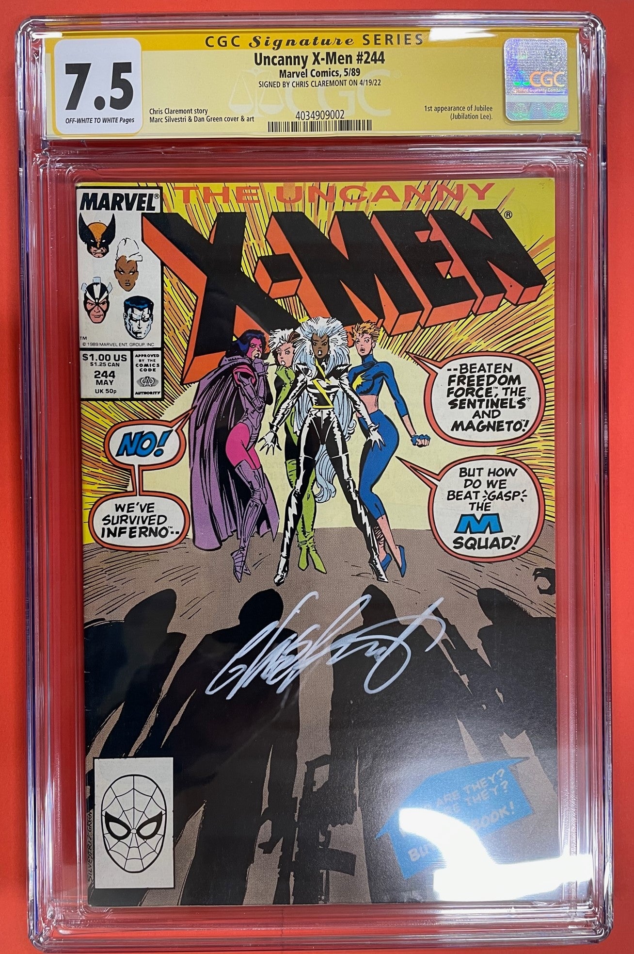Uncanny X-Men #244 (May 1989), 7.5 VF- CGC Signed Chris Claremont